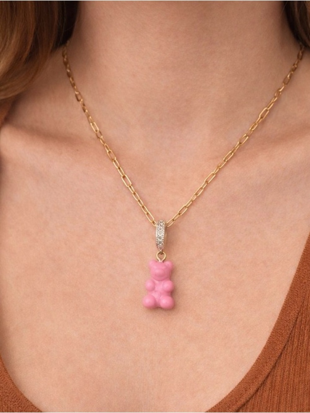 Gold Chain Necklace with Pink Gummy Bear Pendant